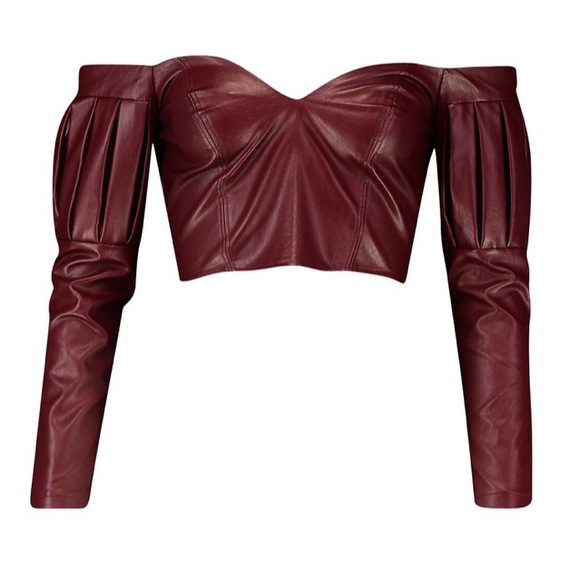 Boohoo Tops - Burgundy Volume Sleeve Off the Shoulder PU Top